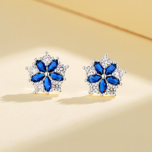Minimalist Custom Fashion Jewelry Blue Flower Style Cubic Zircon Sterling Silver Stud Earrings
