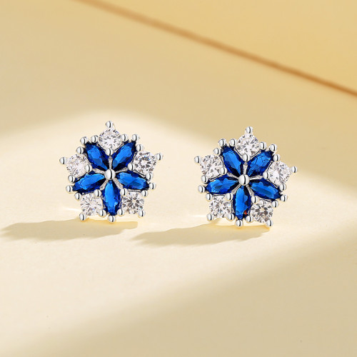 Joyas de moda personalizadas joyas de moda estilo flor azul zircon cúbico clavos de plata esterlina