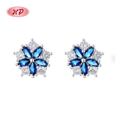 Minimalist Custom Fashion Jewelry Blue Flower Style Cubic Zircon Sterling Silver Stud Earrings