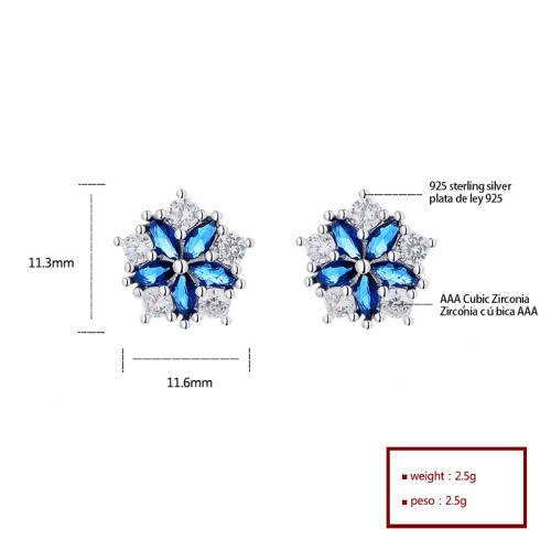 Minimalist Custom Fashion Jewelry Blue Flower Style Cubic Zircon Sterling Silver Stud Earrings