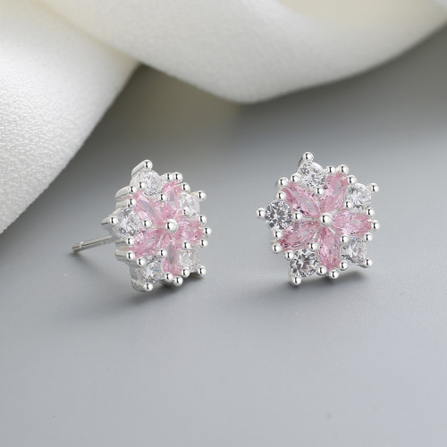 Hot Sale Wholesale Cubic Zirconia For Women Fashion Jewelry Pink Flower Pattern Earrings 925