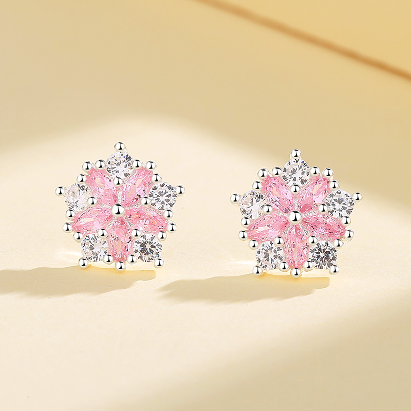 Wholesale Fashion Jewelry: Silver Pink Pentagonal Flower Stud Earrings