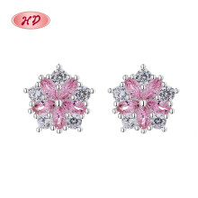 Venta al por mayor de Zirconia cúbica joyas de moda de mujer rosa flores pendientes 925