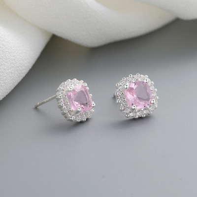 High-Quality Elegance Square Fine Jewelry Cubic Zirconia Pink 925 Sterling Silver Earrings Studs