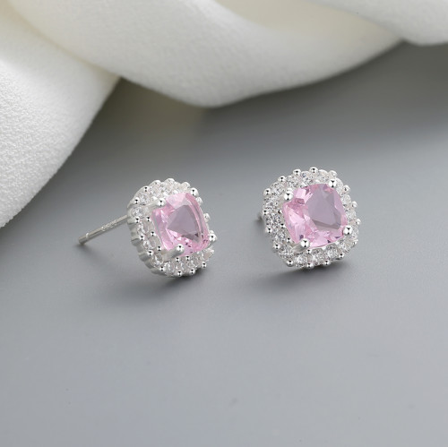 Joyería fina cuadrada elegante de alta calidad Zirconia rosa 925 pendientes de plata esterlina perno