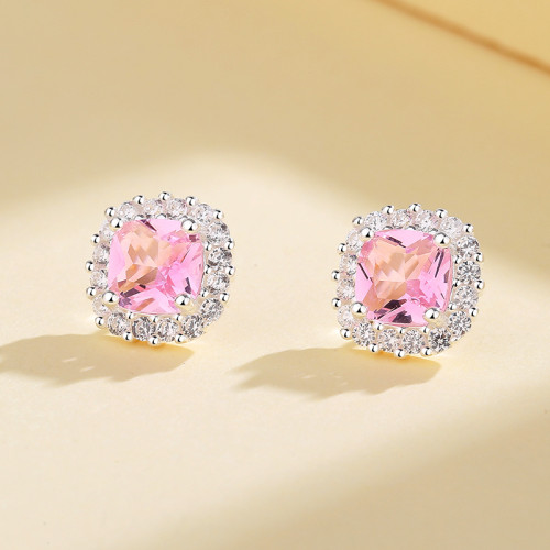 Joyería fina cuadrada elegante de alta calidad Zirconia rosa 925 pendientes de plata esterlina perno