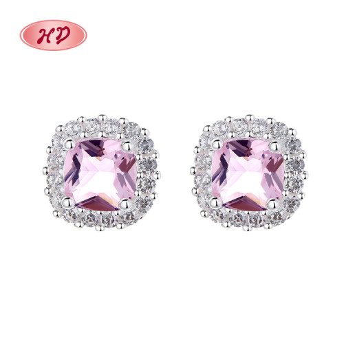 Joyería fina cuadrada elegante de alta calidad Zirconia rosa 925 pendientes de plata esterlina perno