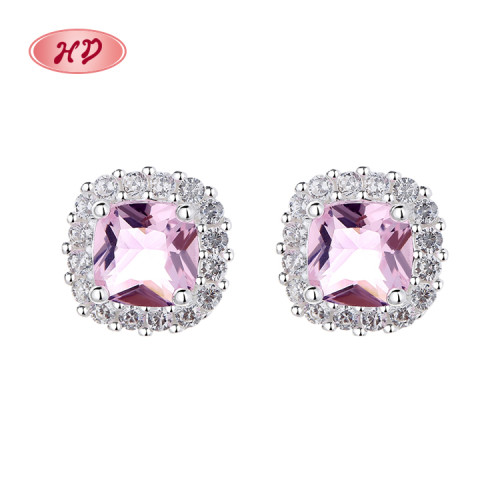 High-Quality Elegance Square Fine Jewelry Cubic Zirconia Pink 925 Sterling Silver Earrings Studs