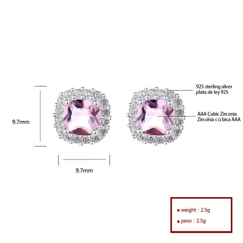 High-Quality Elegance Square Fine Jewelry Cubic Zirconia Pink 925 Sterling Silver Earrings Studs