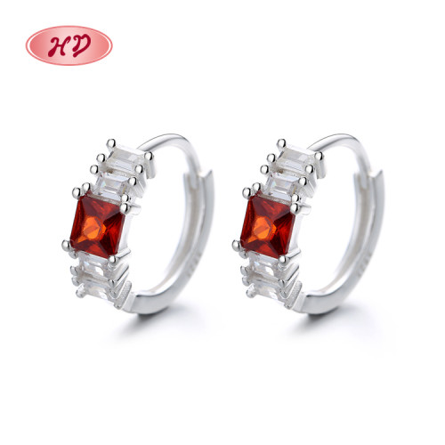 Minimalist Ins Style Fashion Jewelry Red Zircon Sterling Silver 925 Huggie Hoop Earrings