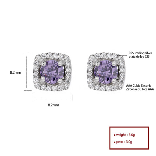 Cubic Zirconia Fine Jewelry For Ladies Purple Square Pattern Silver Earrings 925 Sterling