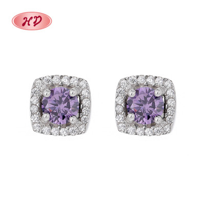 Cubic Zirconia Fine Jewelry For Ladies Purple Square Pattern Silver Earrings 925 Sterling
