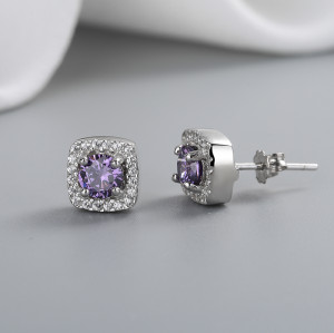 Cubic Zirconia Fine Jewelry For Ladies Purple Square Pattern Silver Earrings 925 Sterling