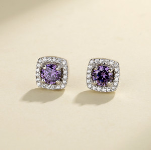 Joyas de alta gama de Sra. anillo de tremella cuadrado púrpura 925 libras Pendientes plateadas