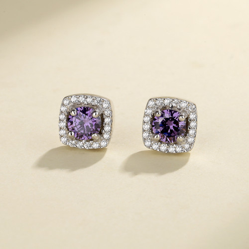 Cubic Zirconia Fine Jewelry For Ladies Purple Square Pattern Silver Earrings 925 Sterling