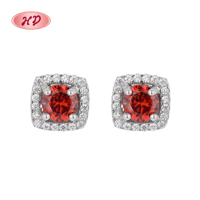 Fine Jewelry For Ladies Square Pattern Red Zircon 925 Silver Hot Sale Stud Earrings