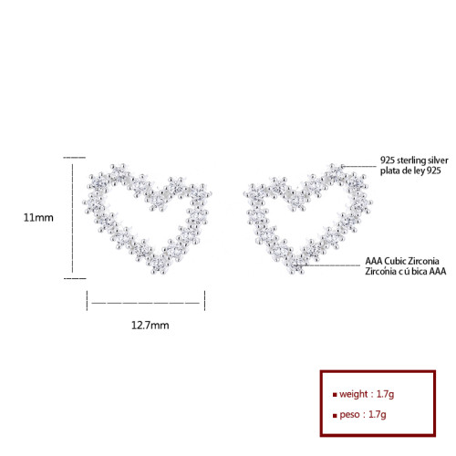 Clavos para los oídos Zirconia cúbica en forma de corazón 925 pendientes de plata esterlina