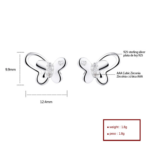 Pendientes de moda Zirconia cúbica 925 pendientes de plata esterlina joyas mariposa señora