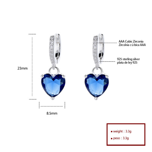 Hengdian Elegant Colored Zircon Sterling Silver Heart Drop Earrings For Wholesale Silver Plated Earrings