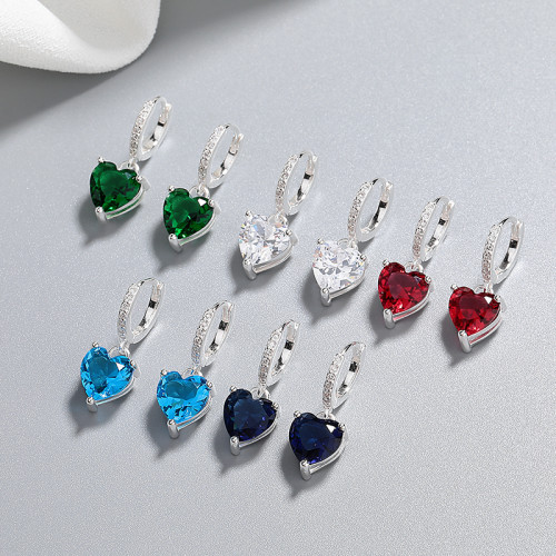 Pendientes colgantes de plata S925 con forma de corazón y circonitas de colores al por mayor de Hengdian