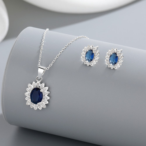 Conjunto de joyas de plata S925 con circonita cúbica azul de estilo clásico