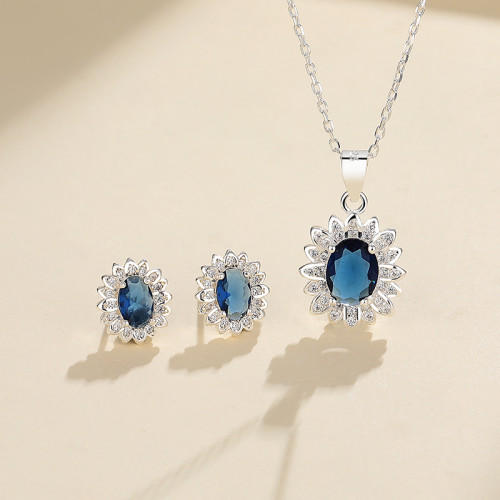 Conjunto de joyas de plata S925 con circonita cúbica azul de estilo clásico