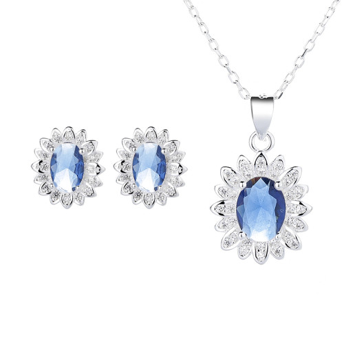 Conjunto de joyas de plata S925 con circonita cúbica azul de estilo clásico