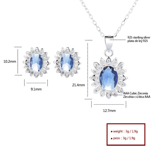 Conjunto de joyas de plata S925 con circonita cúbica azul de estilo clásico