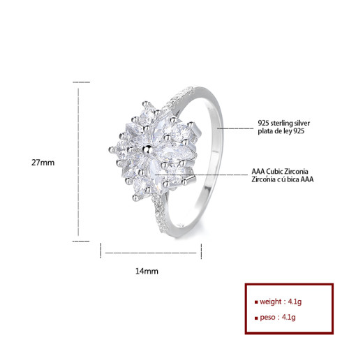 Anillo de joyería de plata S925 con diseño de copo de nieve geométrico pentagonal hecho a mano con incrustaciones de joyería de alta calidad