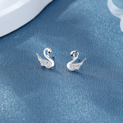 925 Sterling Silver Women's Stud Earrings Featuring Swan Animals Cubic Zirconia For High Quality Wholesale Earrings