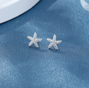 Pendientes de botón para mujer en plata de ley 925 con circonita cúbica en forma de estrella de mar para joyería al por mayor