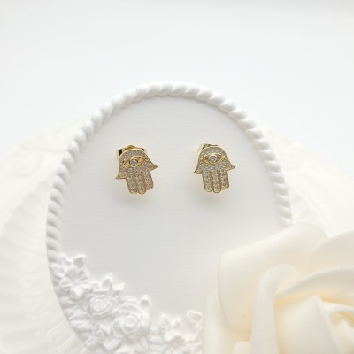Pendientes Huggies chapados en oro de 18 k Religiosos Ojo maligno y Mano de Fátima Devotos creyentes Joyería de alta calidad