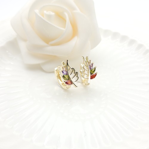 Leaf Stud Earrings 18K Gold Plated Inlay Cubic Zircon Women's Jewelry Factory Direct Sales