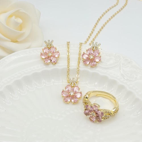 18K Gold-Plated Flower Pendant Earring Jewelry Set Aaa Zircon Exquisite Women's Jewelry Wholesaler