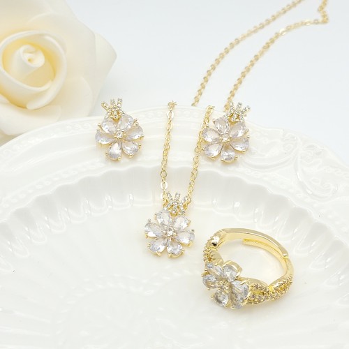 18K Gold-Plated Flower Pendant Earring Jewelry Set Aaa Zircon Exquisite Women's Jewelry Wholesaler