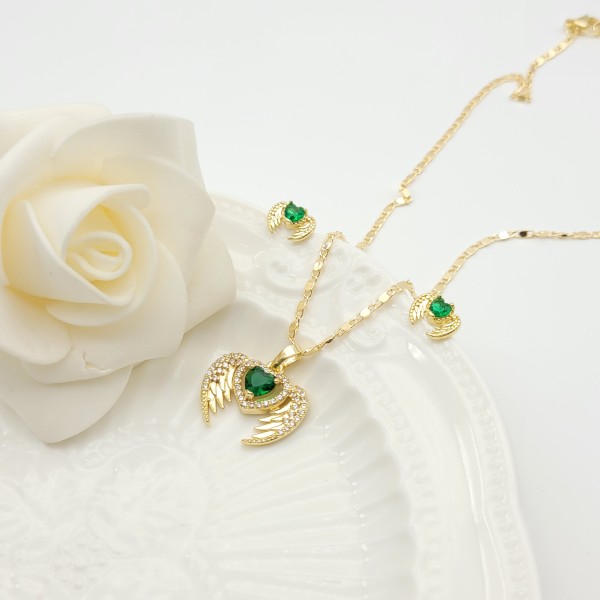 Conjuntos de joyas con aretes tipo botón, diseño romántico de corazón y alas, chapado en oro de 18 quilates, circonita AAA, joyería para mujer, venta directa de fábrica