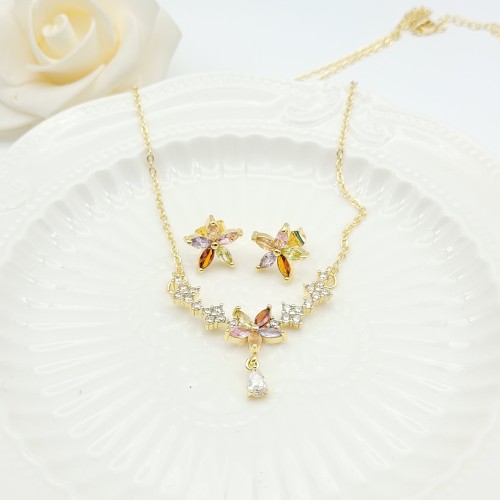 Flower Stud Earring Jewelry Sets Small Delicate Petals Design 18K Gold-Plated Aaa Zircon Women's Jewelry Factory Direct Sales