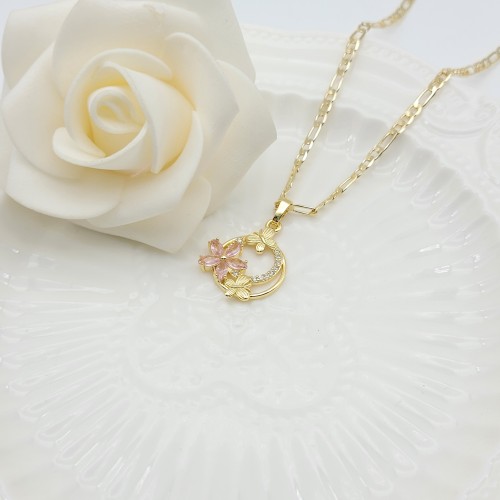 Flowers&Hearts Pendant Necklaces Wholesale Hollow Design AAA Zircon 18K Gold-Plated Women's Jewelry Factory Direct Sales