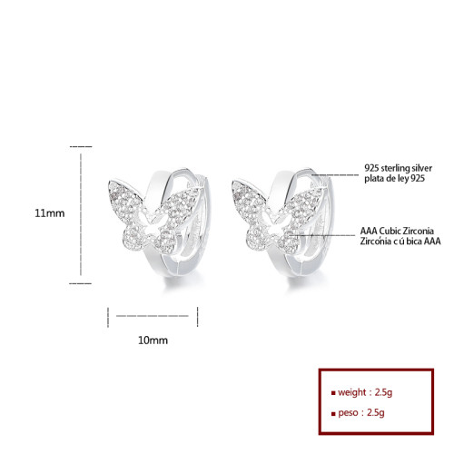 Animal Huggies Earrings 925 Sterling Silver Hollow Butterfly AAA Cubic Zirconia Jewelry