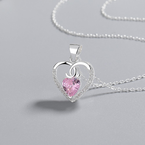 Hollow Heart Necklace 925 Silver  Single Layer With AAA Cubic Zirconia  Wholesale