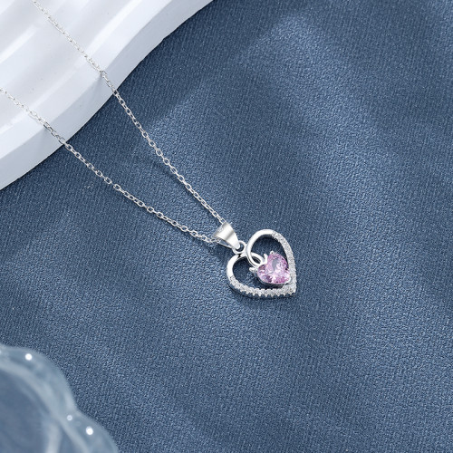 Hollow Heart Necklace 925 Silver  Single Layer With AAA Cubic Zirconia  Wholesale