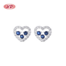 Venta al por mayor de pendientes de botón de plata de ley 925 para mujer con diseño de corazón azul y circonita