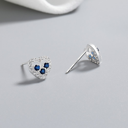 Wholesale 925 Sterling Silver Women's Stud Earrings Blue Heart Design Zirconia