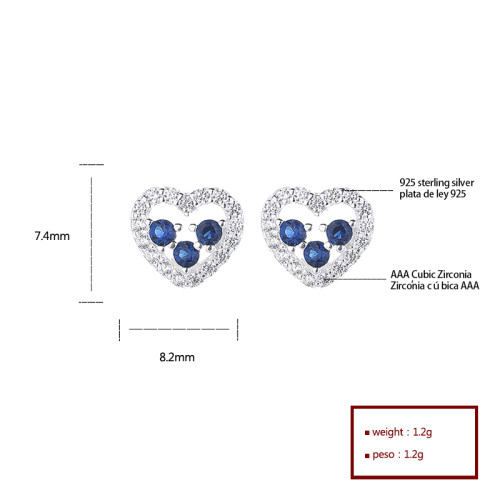 Wholesale 925 Sterling Silver Women's Stud Earrings Blue Heart Design Zirconia