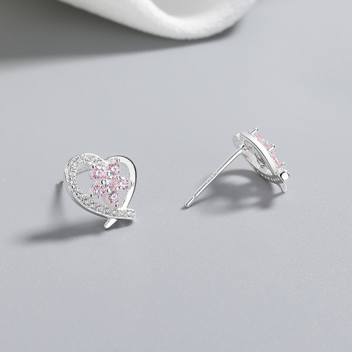 Wholesale 925 Sterling Silver Women's Stud Earrings White Hollow out Heart & Flower Design Zirconia