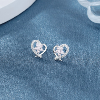 Wholesale 925 Sterling Silver Women's Stud Earrings White Hollow out Heart & Flower Design Zirconia
