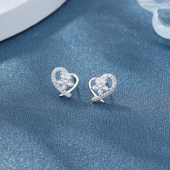 Wholesale 925 Sterling Silver Women's Stud Earrings Hollow out Heart & Flower Design Zirconia