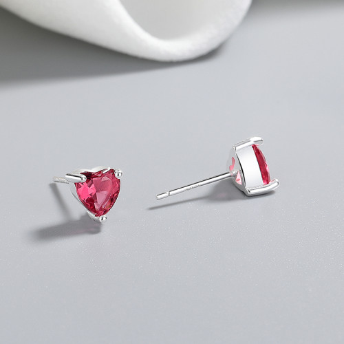 Wholesale 925 Sterling Silver Women's Stud Earrings Zircon Red Heart Design Zirconia