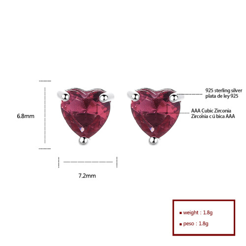 Wholesale 925 Sterling Silver Women's Stud Earrings Zircon Red Heart Design Zirconia