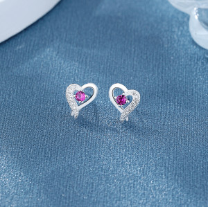 Pendientes de botón de circonita cúbica con forma de círculo y corazón de plata de ley 925 para mujer, joyería al por mayor
